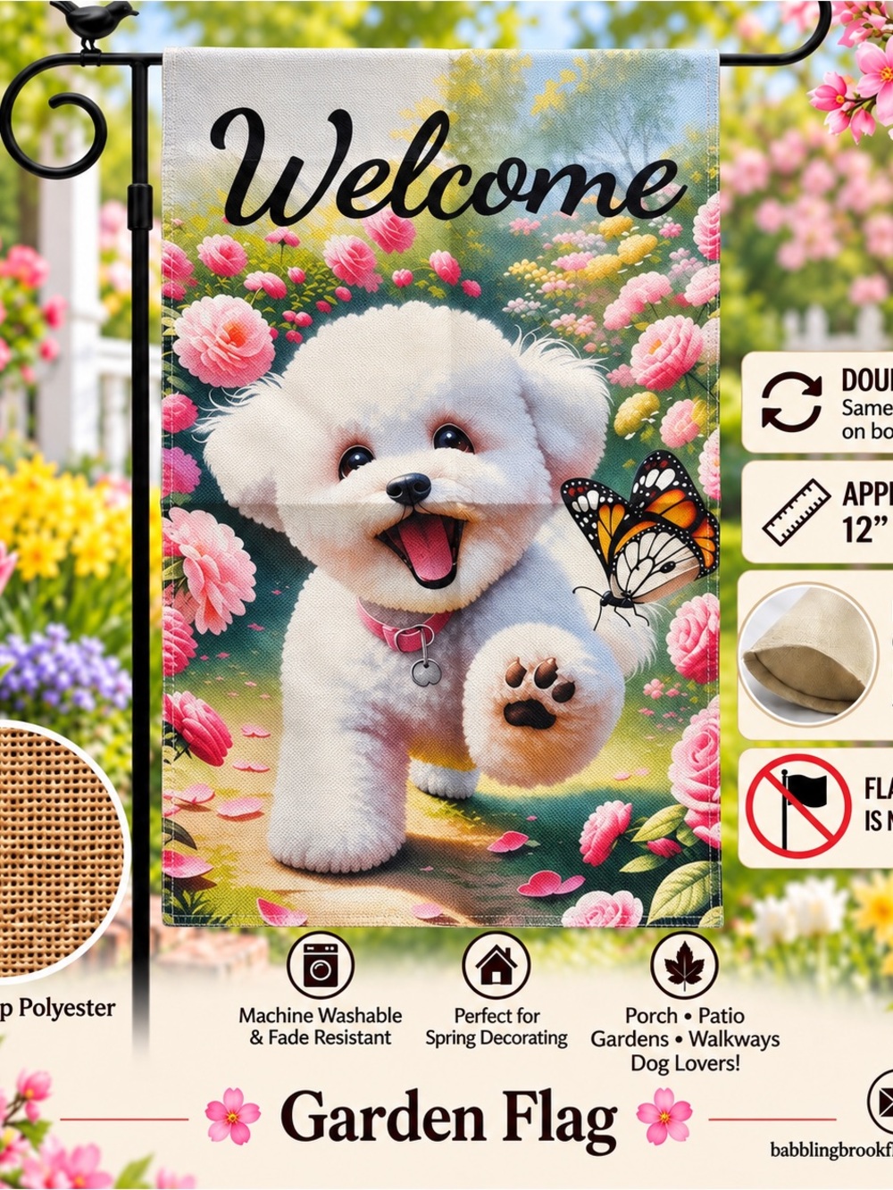 Garden Flag, welcome Bichon Frise dog, burlap, double sided, approx 12”x18”